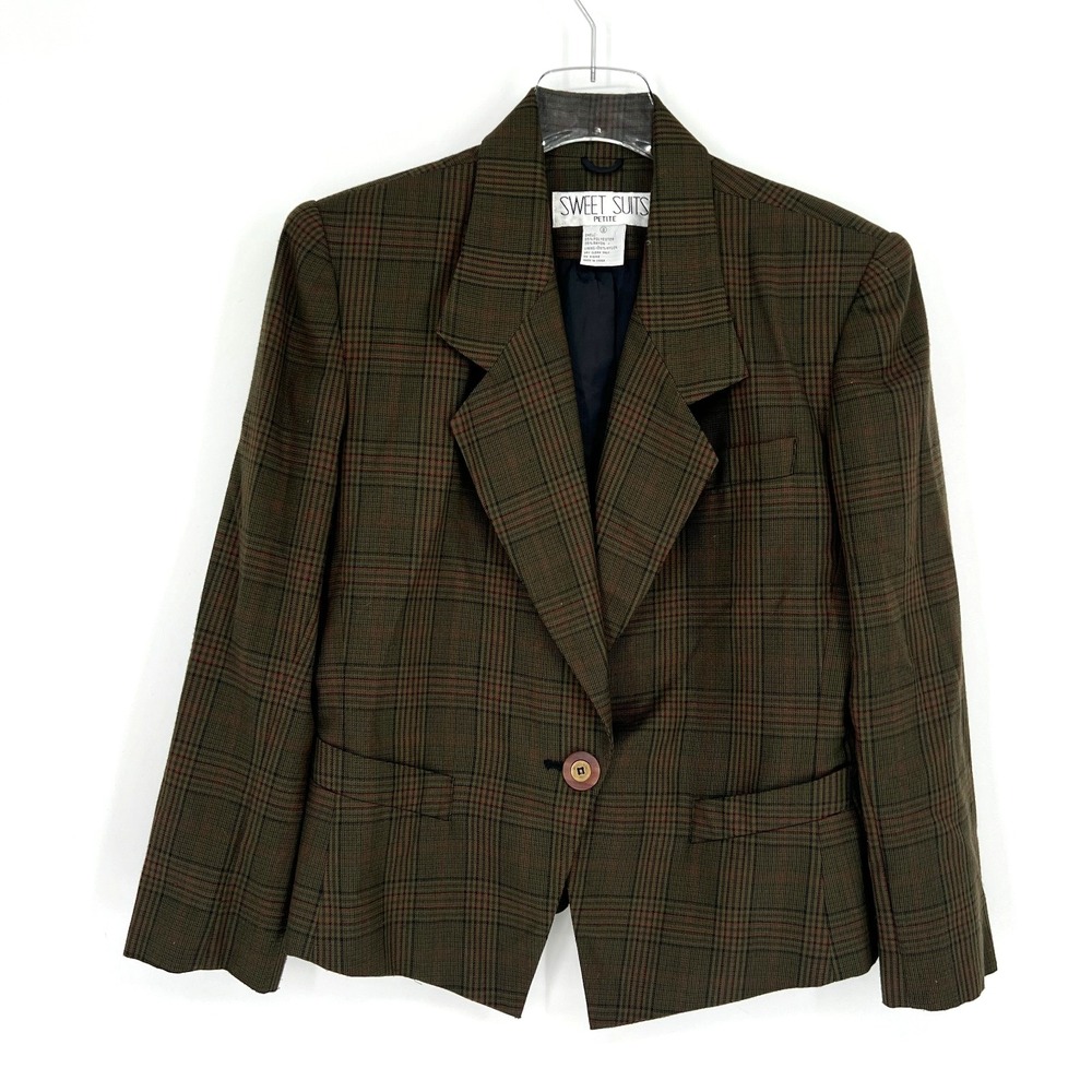 Vtg Plaid Blazer Womens 8P Green Dark‎ Academia Preppy Sweet Suits 90s
